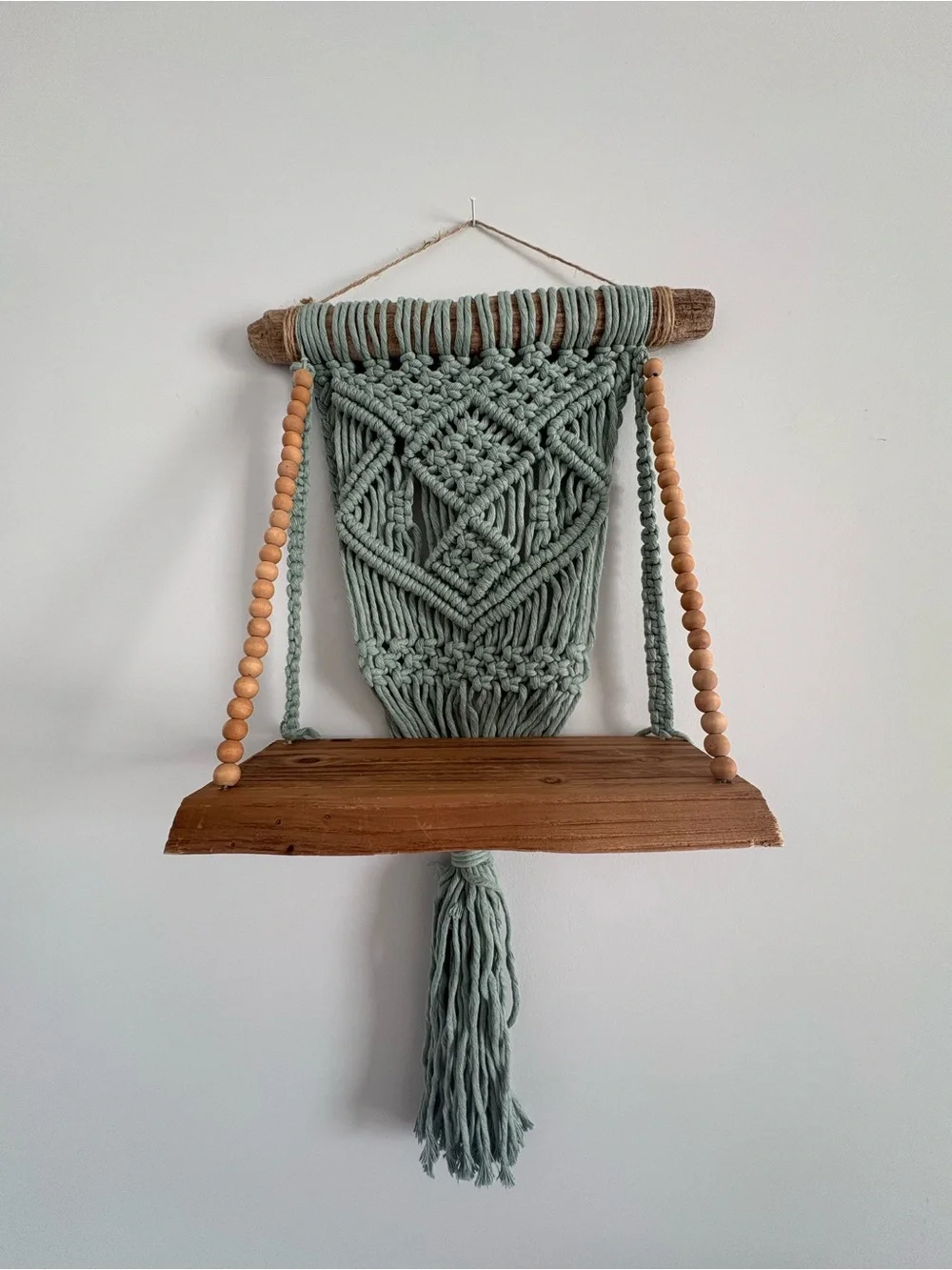 Handmade Macramé Wall Shelf in Sage Green with Wooden Beads